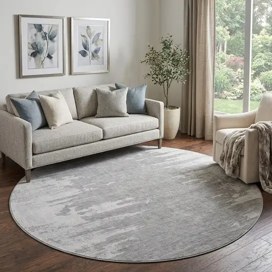8' Silver And Gray Abstract Washable Round Rug With UV Protection Photo 1