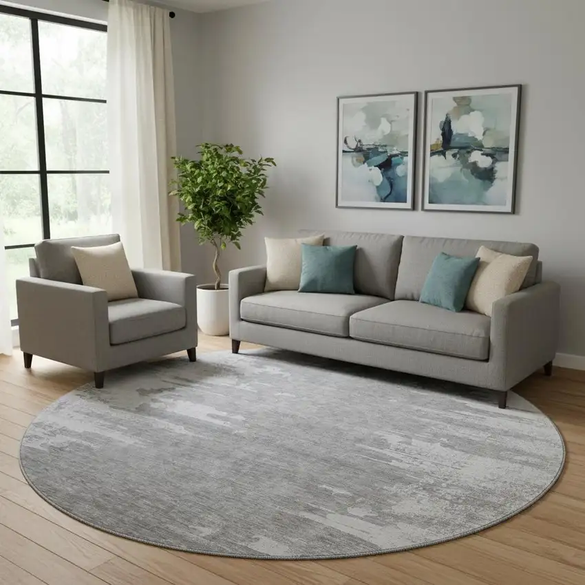 8' Silver And Gray Abstract Washable Round Rug With UV Protection Photo 1