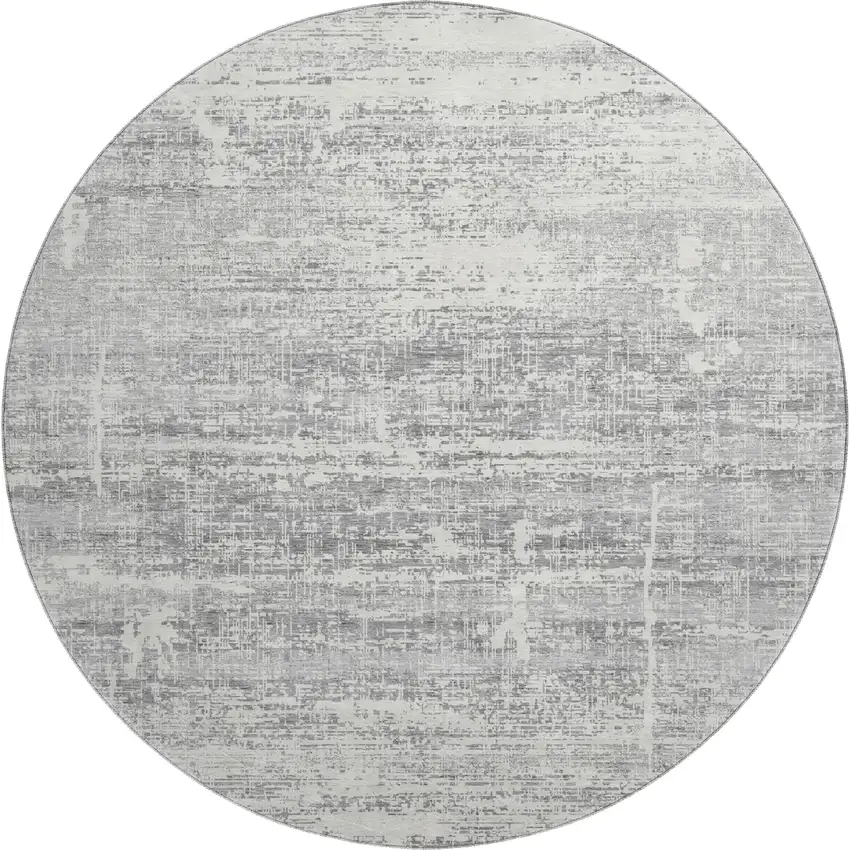 8' Silver And Gray Abstract Washable Round Rug With UV Protection Photo 1