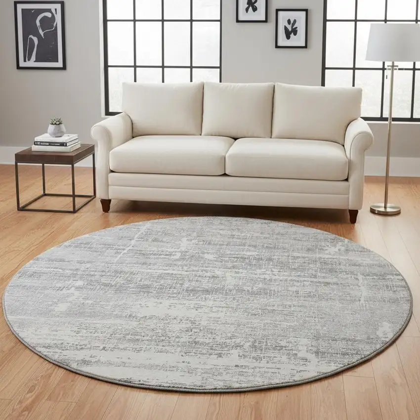 8' Silver And Gray Abstract Washable Round Rug With UV Protection Photo 2