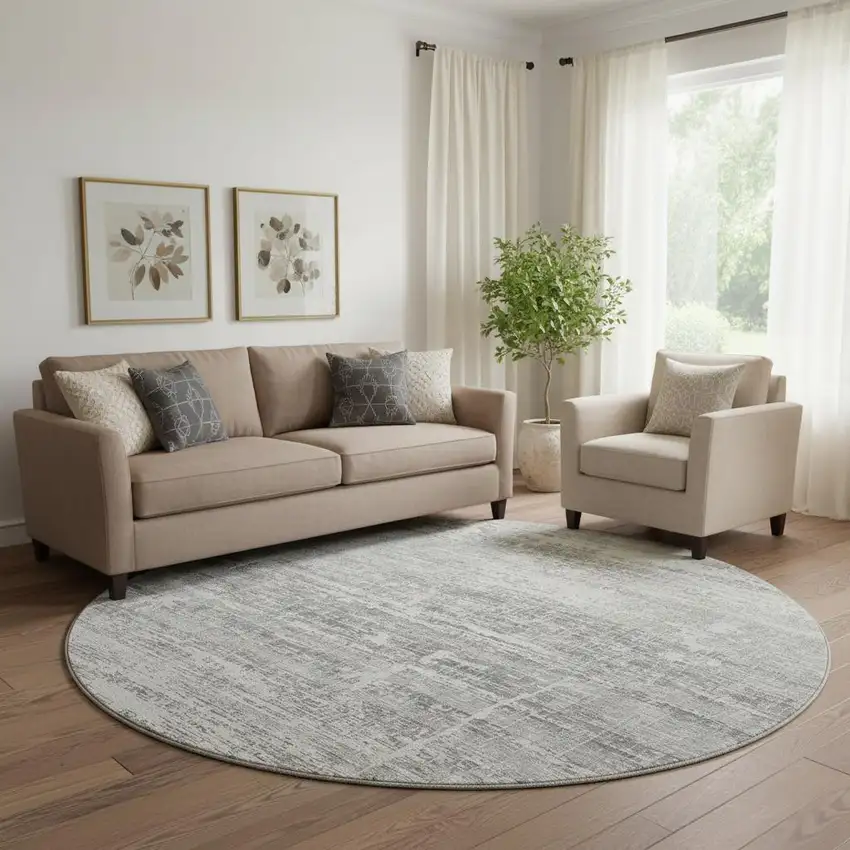 8' Silver And Gray Abstract Washable Round Rug With UV Protection Photo 1