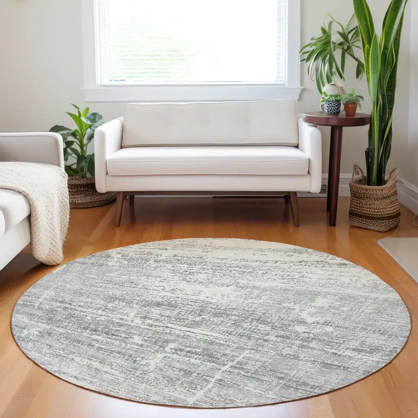 8' Silver And Gray Abstract Washable Round Rug With UV Protection Photo 5