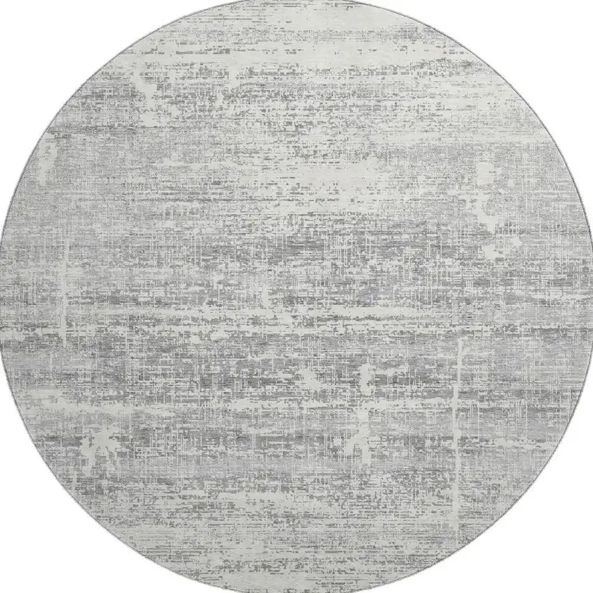 8' Silver And Gray Abstract Washable Round Rug With UV Protection Photo 3