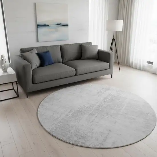 8' Silver And Gray Abstract Washable Round Rug With UV Protection Photo 2