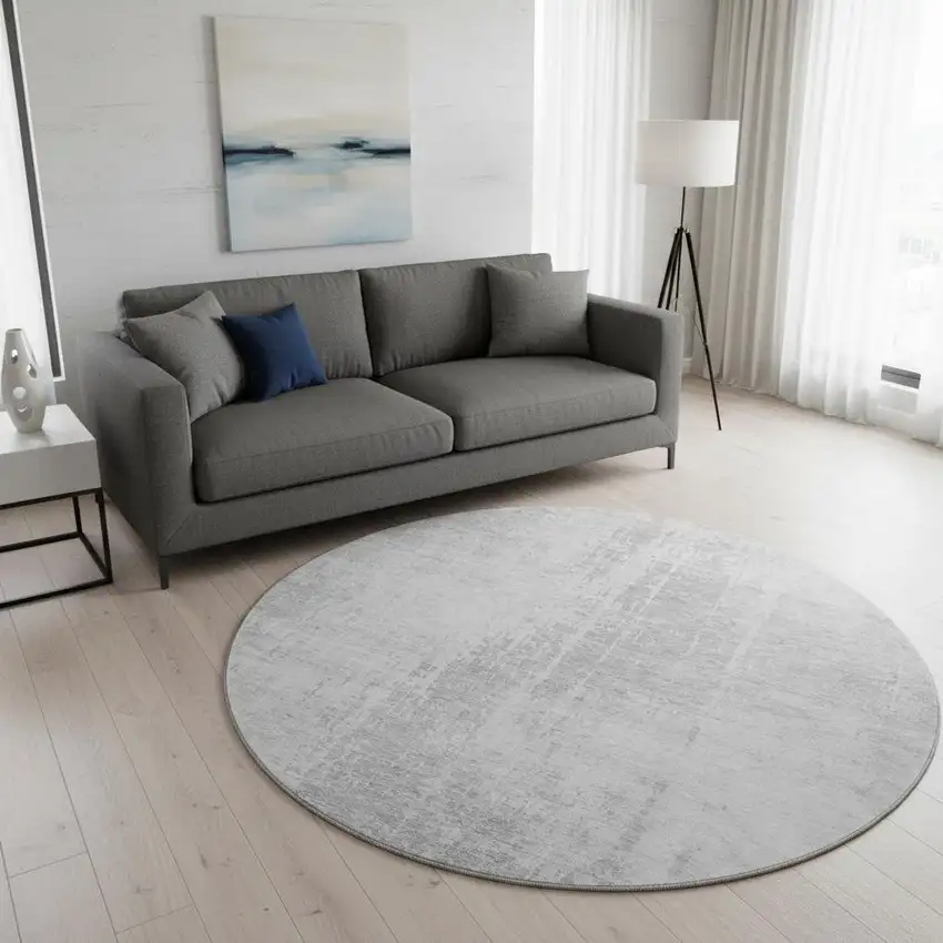 8' Silver And Gray Abstract Washable Round Rug With UV Protection Photo 2