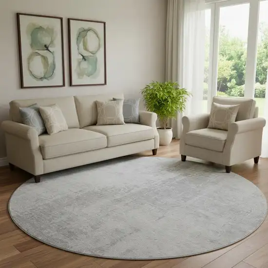 8' Silver And Gray Abstract Washable Round Rug With UV Protection Photo 1