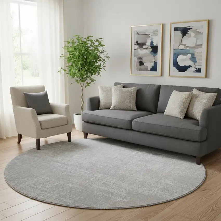 8' Silver And Gray Abstract Washable Round Rug With UV Protection Photo 1