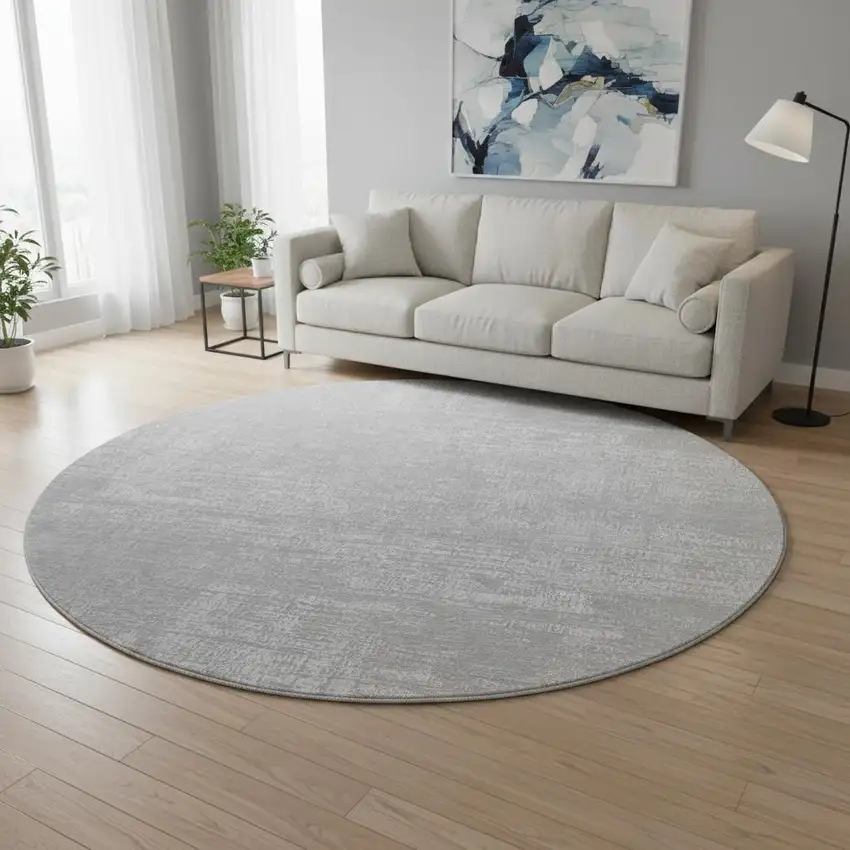 8' Silver And Gray Abstract Washable Round Rug With UV Protection Photo 2