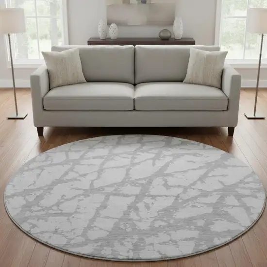 8' Silver And Gray Abstract Washable Round Rug With UV Protection Photo 2