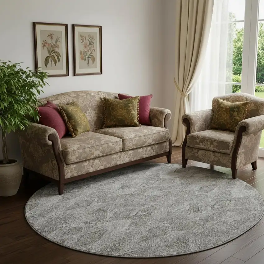 8' Silver And Gray Diamond Washable Round Rug With UV Protection Photo 1