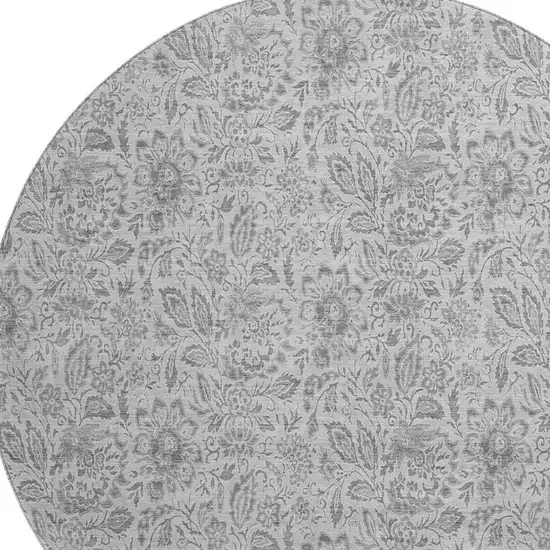 8' Silver And Gray Floral Washable Round Rug With UV Protection Photo 2