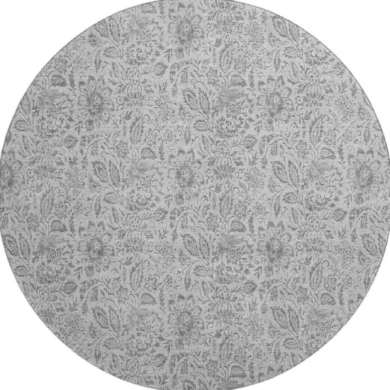 8' Silver And Gray Floral Washable Round Rug With UV Protection Photo 3