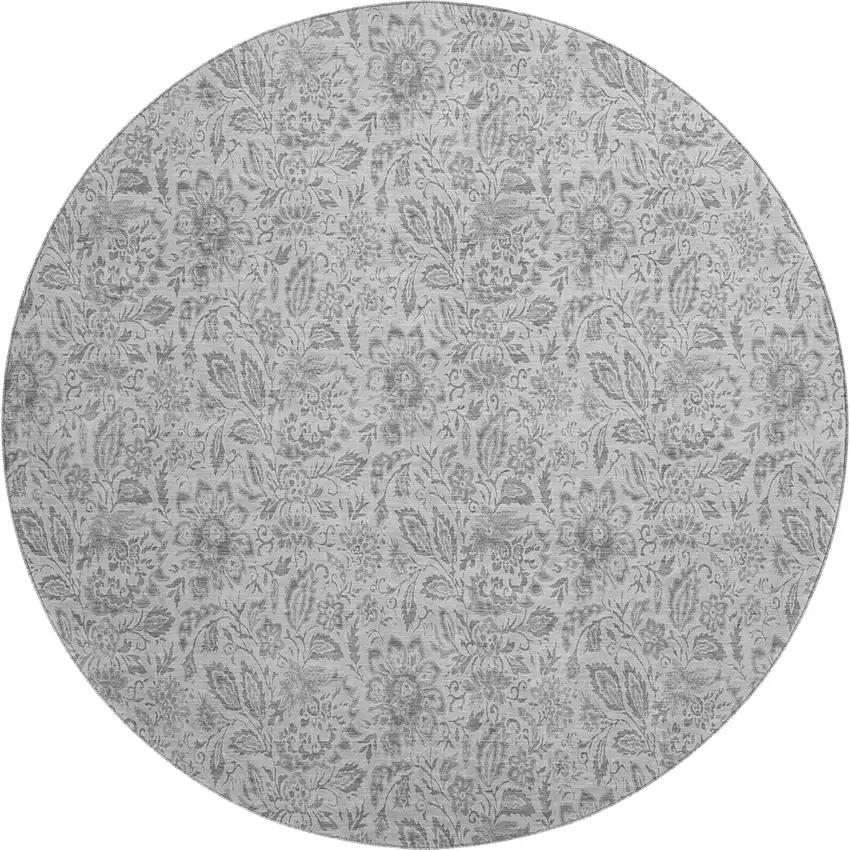8' Silver And Gray Floral Washable Round Rug With UV Protection Photo 1