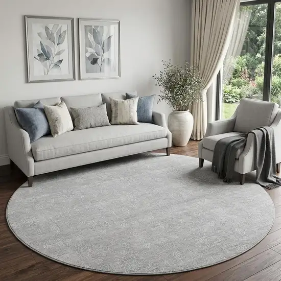 8' Silver And Gray Floral Washable Round Rug With UV Protection Photo 1