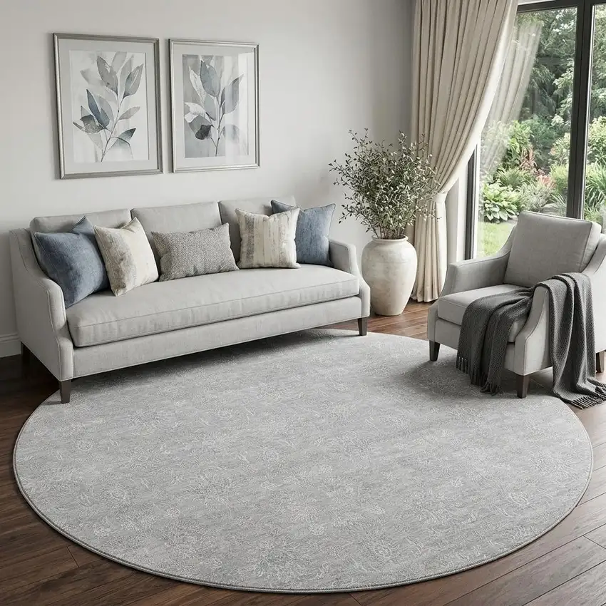 8' Silver And Gray Floral Washable Round Rug With UV Protection Photo 1