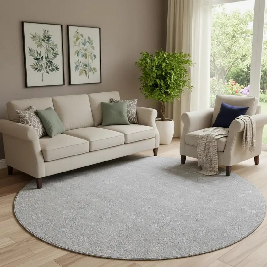 8' Silver And Gray Floral Washable Round Rug With UV Protection Photo 1