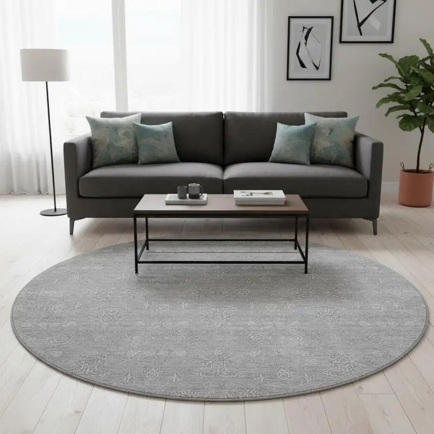 8' Silver And Gray Floral Washable Round Rug With UV Protection Photo 2