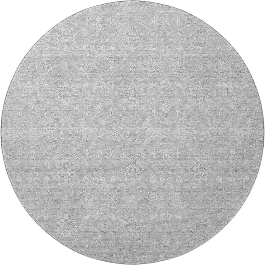 8' Silver And Gray Floral Washable Round Rug With UV Protection Photo 4