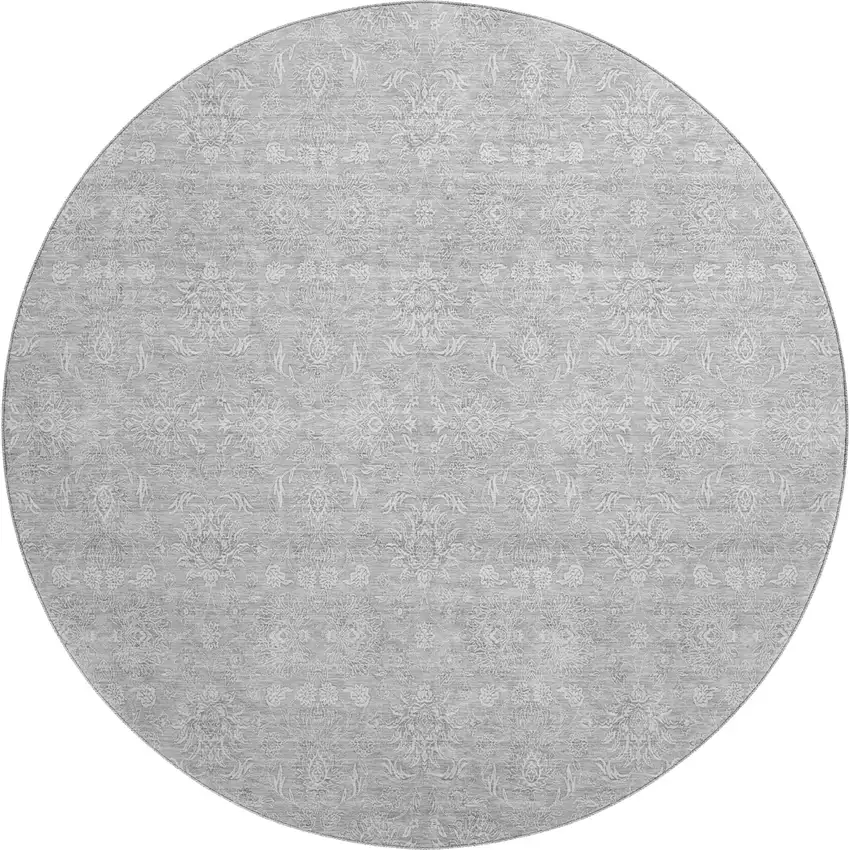 8' Silver And Gray Floral Washable Round Rug With UV Protection Photo 1