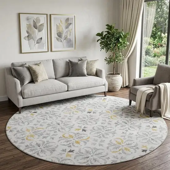 8' Silver And Gray Floral Washable Round Rug With UV Protection Photo 1
