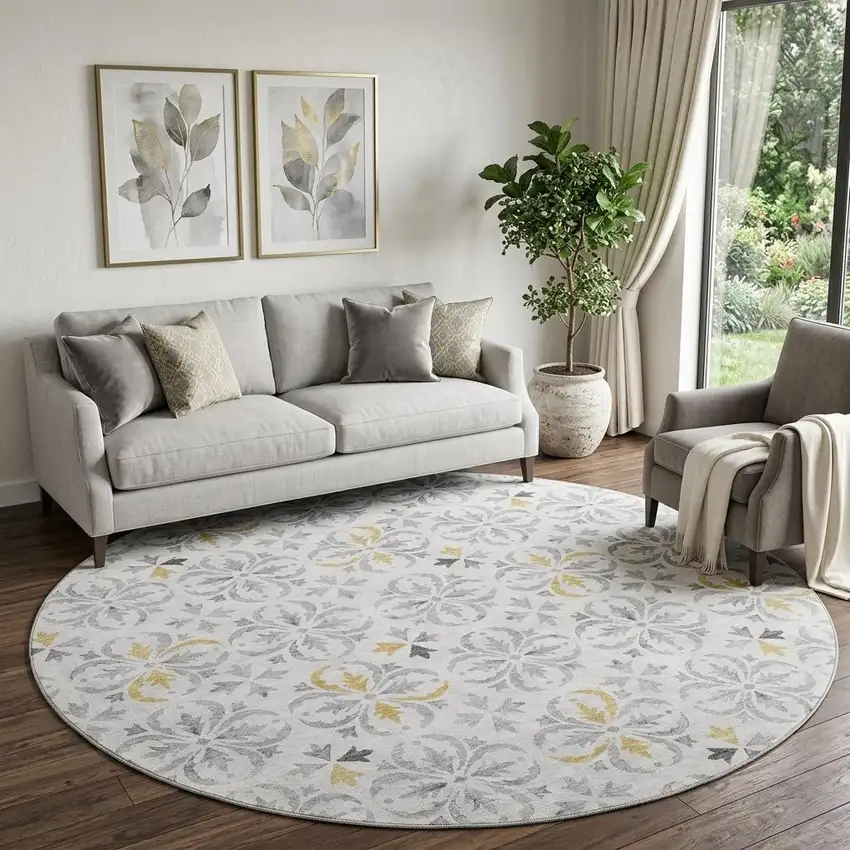 8' Silver And Gray Floral Washable Round Rug With UV Protection Photo 1