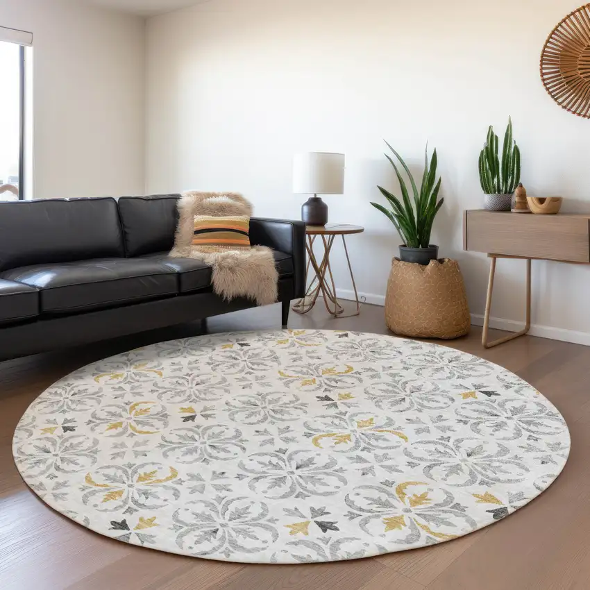 8' Silver And Gray Floral Washable Round Rug With UV Protection Photo 4