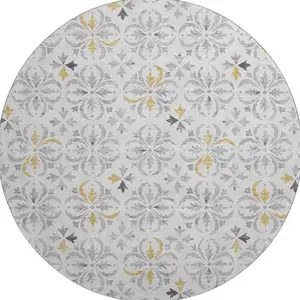 Photo of 8' Silver And Gray Floral Washable Round Rug With UV Protection