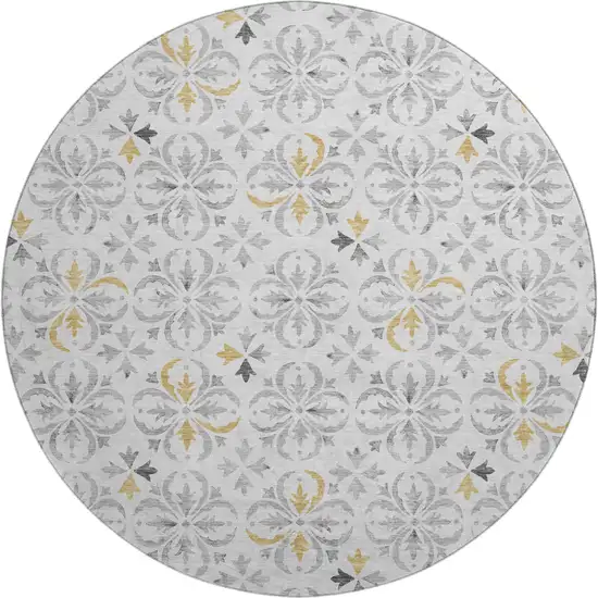 8' Silver And Gray Floral Washable Round Rug With UV Protection Photo 1