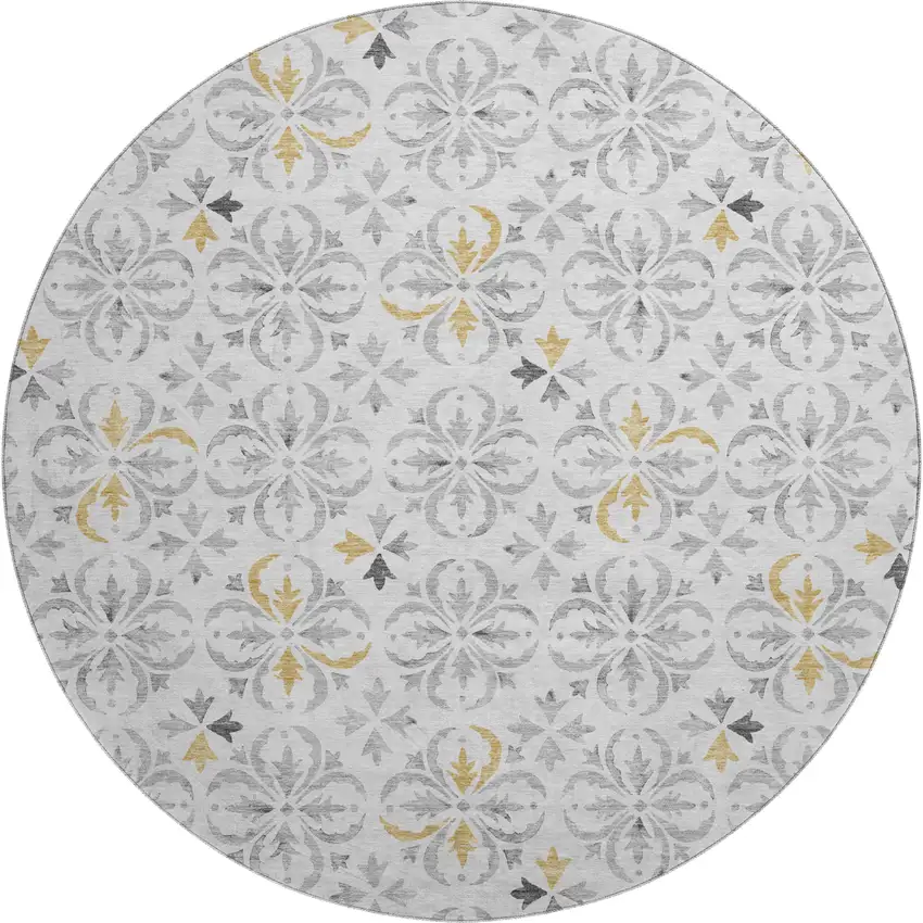 8' Silver And Gray Floral Washable Round Rug With UV Protection Photo 1