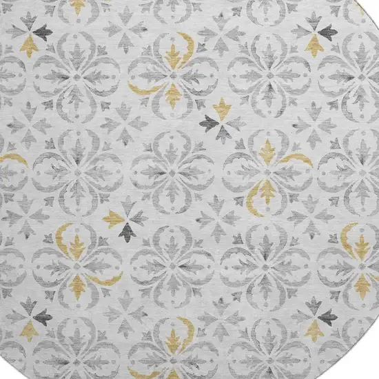 8' Silver And Gray Floral Washable Round Rug With UV Protection Photo 2