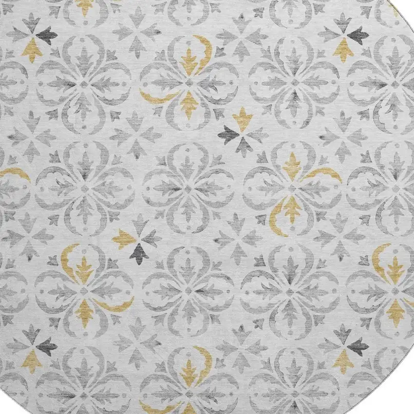 8' Silver And Gray Floral Washable Round Rug With UV Protection Photo 2
