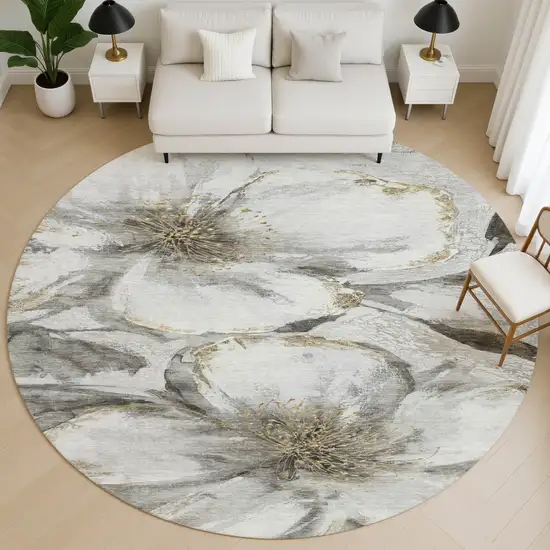 8' Silver And Gray Floral Washable Round Rug With UV Protection Photo 5