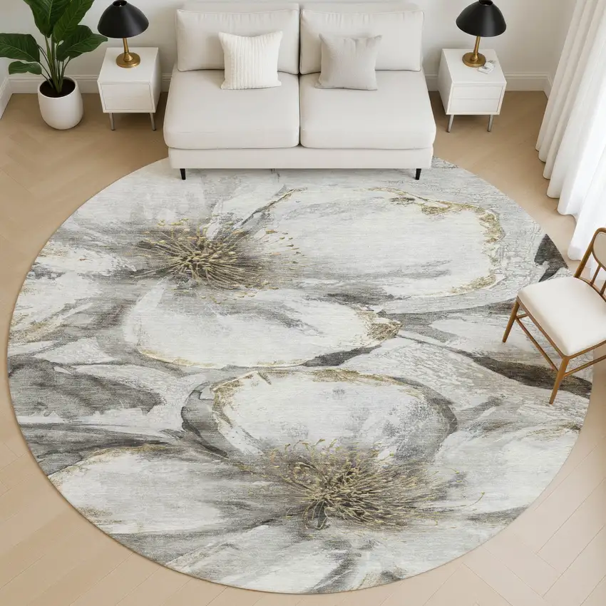 8' Silver And Gray Floral Washable Round Rug With UV Protection Photo 5