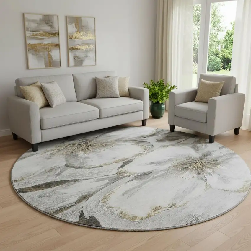 8' Silver And Gray Floral Washable Round Rug With UV Protection Photo 2