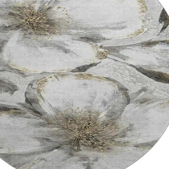 8' Silver And Gray Floral Washable Round Rug With UV Protection Photo 3
