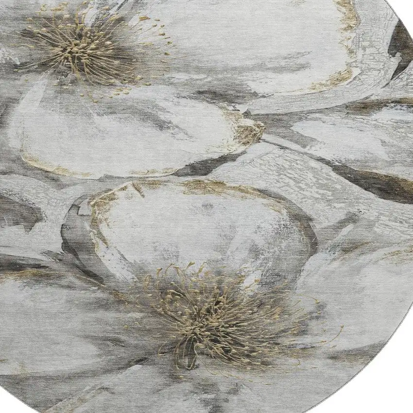 8' Silver And Gray Floral Washable Round Rug With UV Protection Photo 3