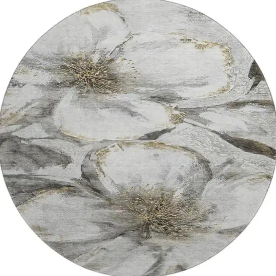 8' Silver And Gray Floral Washable Round Rug With UV Protection Photo 4
