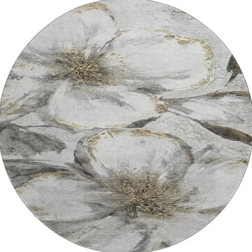 8' Silver And Gray Floral Washable Round Rug With UV Protection Photo 4