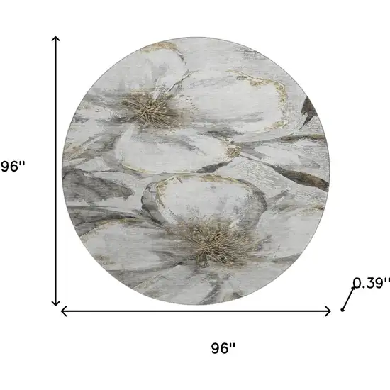 8' Silver And Gray Floral Washable Round Rug With UV Protection Photo 8