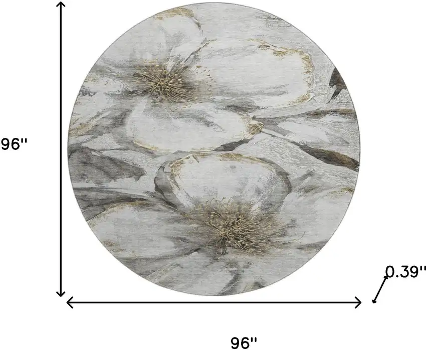 8' Silver And Gray Floral Washable Round Rug With UV Protection Photo 8