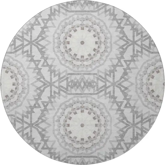 8' Silver And Gray Geometric Washable Round Rug With UV Protection Photo 3
