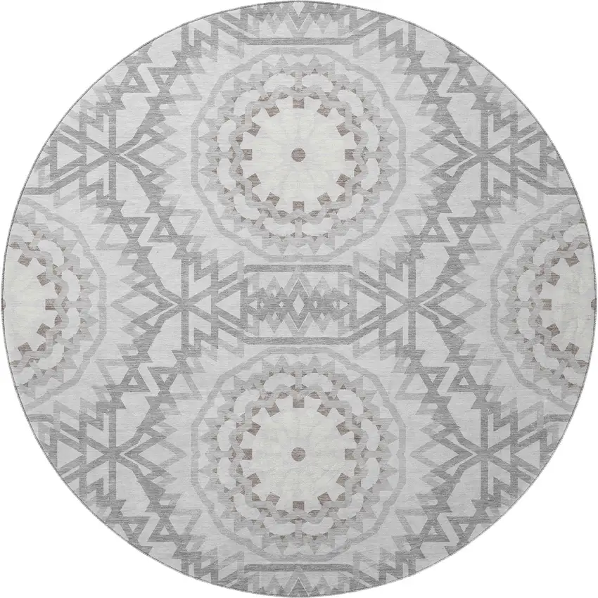 8' Silver And Gray Geometric Washable Round Rug With UV Protection Photo 3