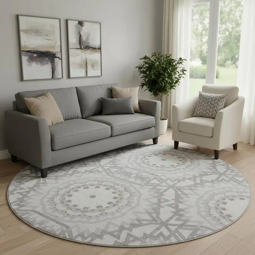 8' Silver And Gray Geometric Washable Round Rug With UV Protection Photo 1