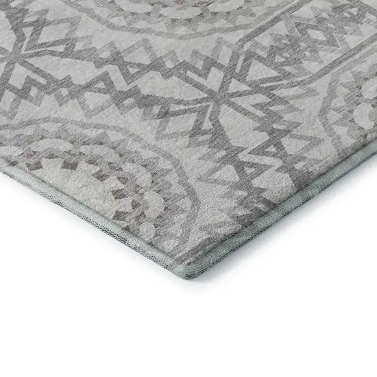 8' Silver And Gray Geometric Washable Round Rug With UV Protection Photo 6