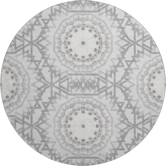 8' Silver And Gray Geometric Washable Round Rug With UV Protection Photo 1