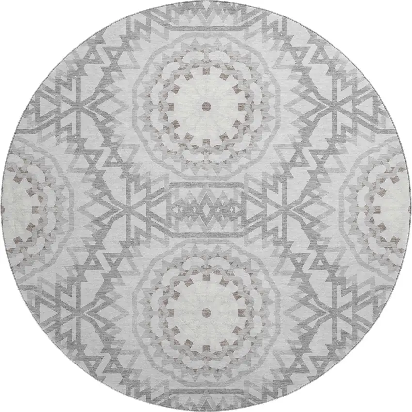 8' Silver And Gray Geometric Washable Round Rug With UV Protection Photo 1