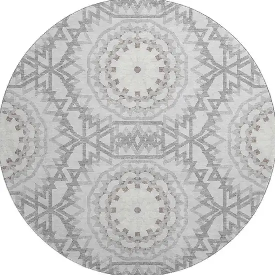 8' Silver And Gray Geometric Washable Round Rug With UV Protection Photo 2