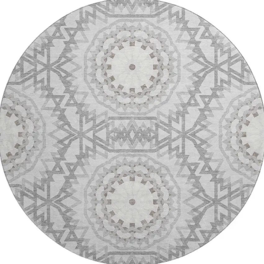 8' Silver And Gray Geometric Washable Round Rug With UV Protection Photo 2