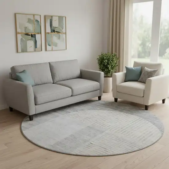 8' Silver And Gray Geometric Washable Round Rug With UV Protection Photo 1