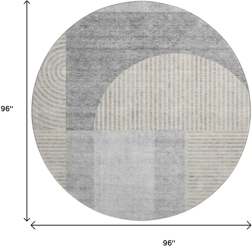 8' Silver And Gray Geometric Washable Round Rug With UV Protection Photo 8